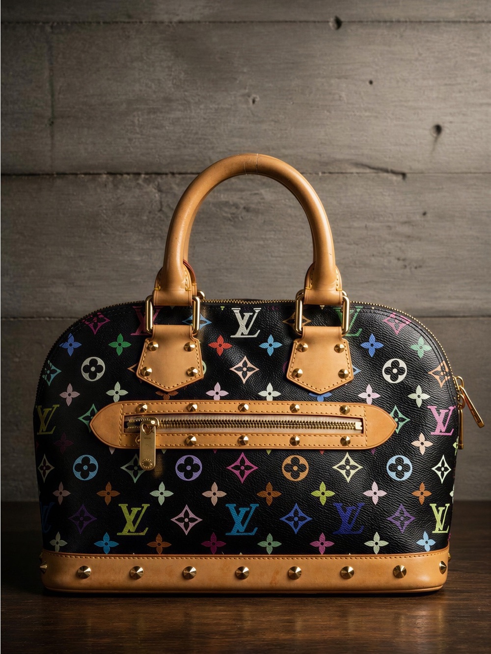 Louis Vuitton Black Multicolor Monogram Alma Satchel with Natural Leather Trim